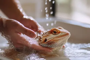 two human hands, bathing a bearded dragon in a shallow, warm water basin